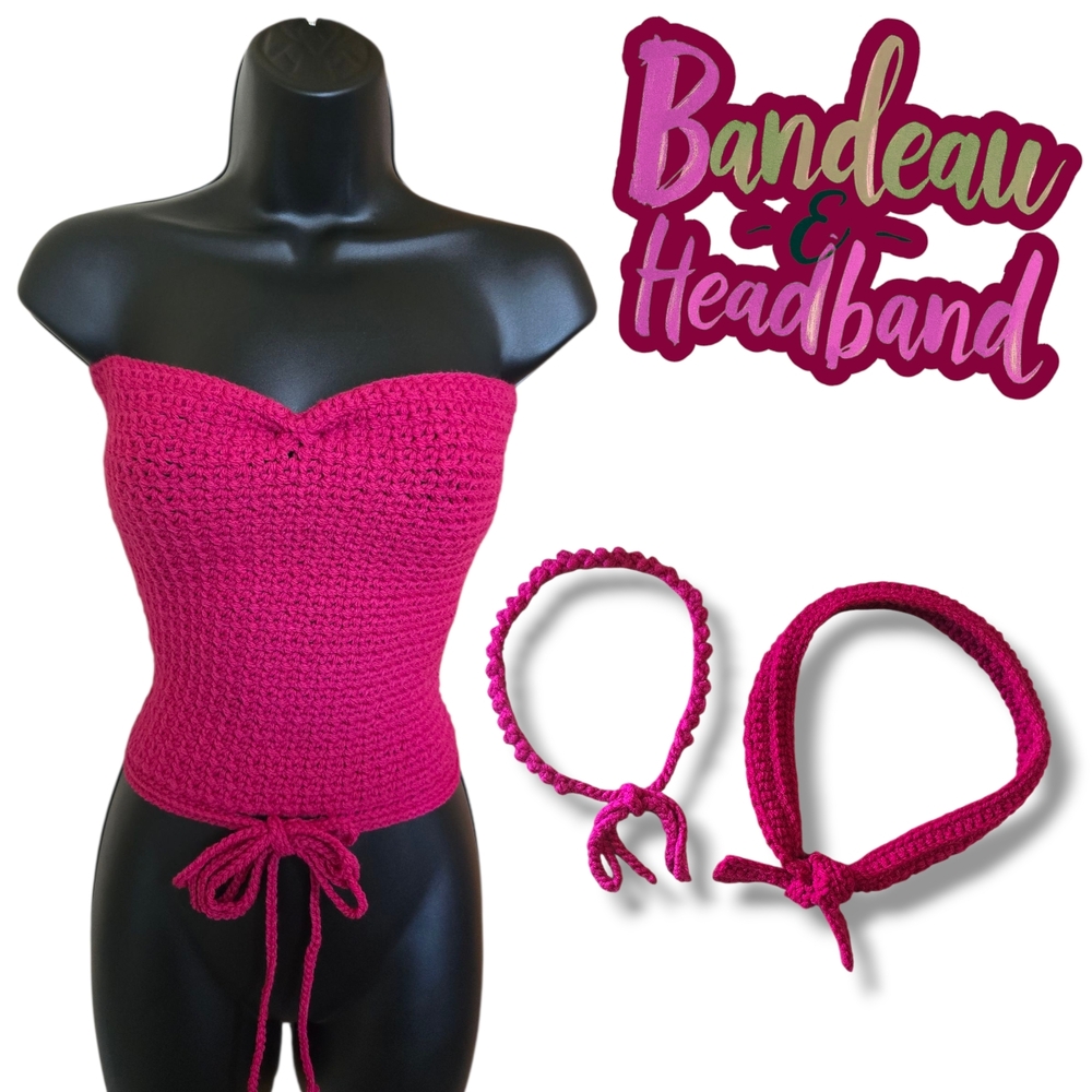 Bright Pink Crochet Bandeau & Headbands, HandmadebyMe, Small-Medium, Waist Tie